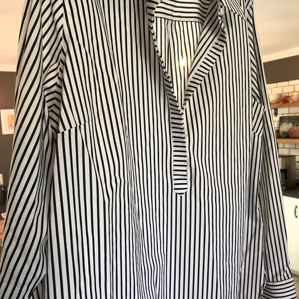 Talbots Black and White Striped Button-Front Blouse - Picture 2 of 6